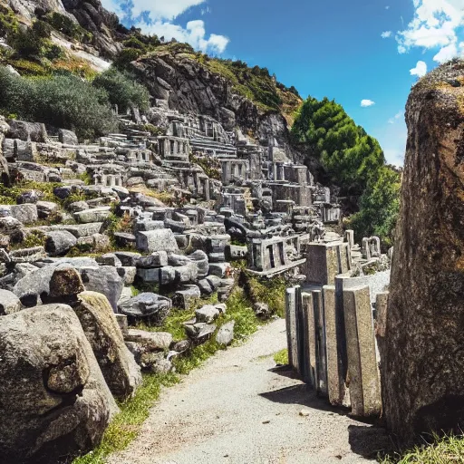 Prompt: A movie still of a rocky hillside in Italy with ancient stone obelisks leading up the hill to a large stone intricately detailed ancient temple. There are faded tattered blue flags hanging from the temple. Walking up the hill is a man in a quilted gambenson with a sword. Wide shot, sunny cloudy day, dappled lighting