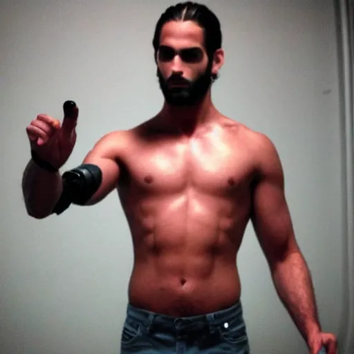 Image similar to “a realistic detailed photo of a guy who is an attractive humanoid who is half robot and half humanoid, who is a male android, Seth Rollins, shiny skin, posing like a statue, blank stare”