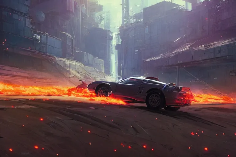 Prompt: 2 0 0 1 space odyssy diesepunk honda nsx mad max speeding through a burning fuel depot chase laser weapons by greg rutkowski makoto shinkai takashi takeuchi studio ghibli, akihiko yoshida