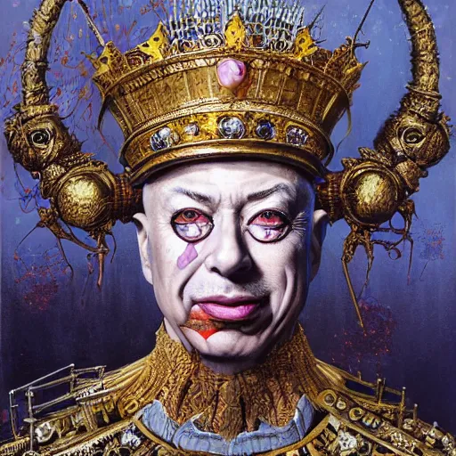 Prompt: realistic detailed image of Klaus Schwab dressed as Emperor, wearing extremely intricate clown makeup, by Ayami Kojima, Amano, Karol Bak, Greg Hildebrandt, and Mark Brooks, tonalism, rich deep colors. Beksinski painting, art by Adrian Ghenie and Gerhard Richter. art by Takato Yamamoto. masterpiece