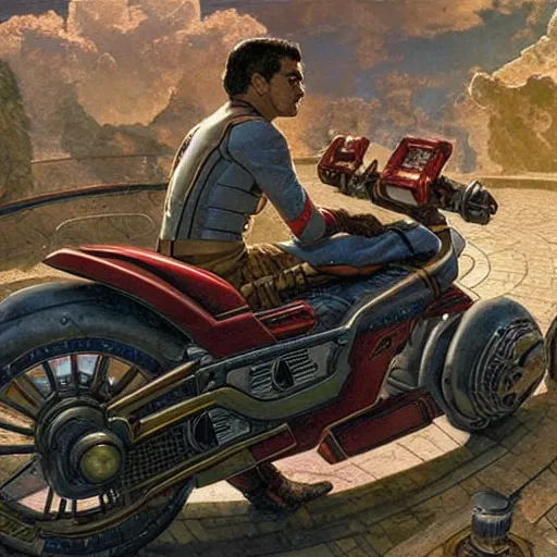 Image similar to STAR TREK motorbike designed in ancient Greece, (SFW) safe for work, photo realistic illustration by greg rutkowski, thomas kindkade, alphonse mucha, loish, norman rockwell