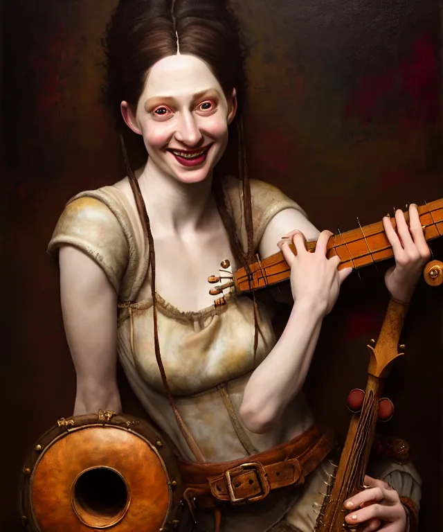 Image similar to hyperrealistic mixed media painting of a young beautiful pale-skinned grinning female bard, dimly lit cozy tavern, leather tunic, confident relaxed pose, dark hair, musical lute in hand, d&d, stunning 3d render inspired art by Tim Okamura and Lise Deharme + perfect facial symmetry + dim volumetric lighting, 8k octane beautifully detailed render, post-processing, extremely hyperdetailed, intricate, epic composition, grim yet sparkling atmosphere, cinematic lighting + masterpiece, trending on artstation, very very detailed, masterpiece, stunning