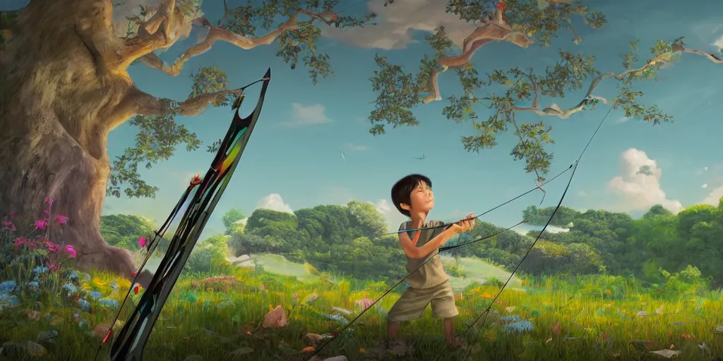 Image similar to a young boy practicing archery in the backyard of a castle, illustration digital art, matte painting, vivid colors, flat colors, cinematic, surreal, wide angle, made by chiho aoshima, trending on artstation, detailed