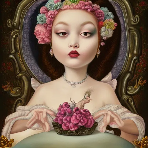 Image similar to a beautiful detailed portrait painting by Mark Ryden of the crazy noble in a serene landscape, rococo