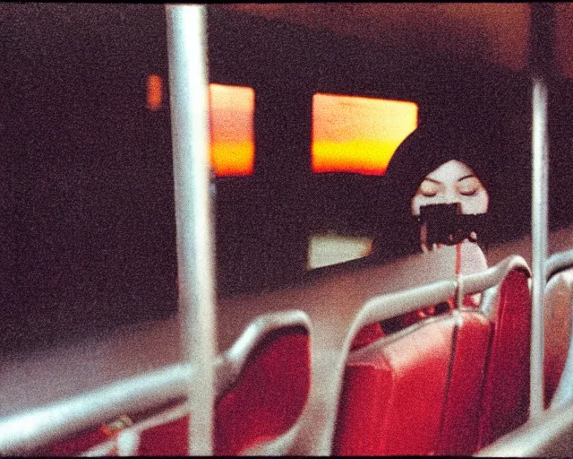 Image similar to lomo photo of shy goth girl sitting in empty bus, sunset, cinestill, bokeh