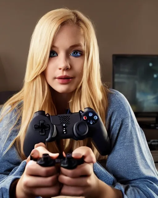 Image similar to a cute beautiful blonde woman with blue eyes playing game, holding controller, watching television displaying call of duty, intricate detail, cinematic composition