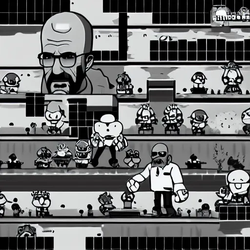 Prompt: battle against walter white in undertale, videogame screenshot, black and white