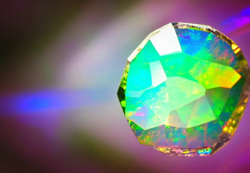 Prompt: iridescent gemstone, refraction, shining, opal, diamond, sapphire, topaz, nature, photo, blur, macro lens, lens flare