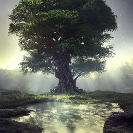 Image similar to full body pose, hyperrealistic photograph of the world tree, dim volumetric lighting, 8 k, octane beautifully detailed render, extremely hyper detailed, intricate, epic composition, cinematic lighting, masterpiece, trending on artstation, very very detailed, stunning, hdr, smooth, sharp focus, high resolution, award, winning photo, dslr, 5 0 mm