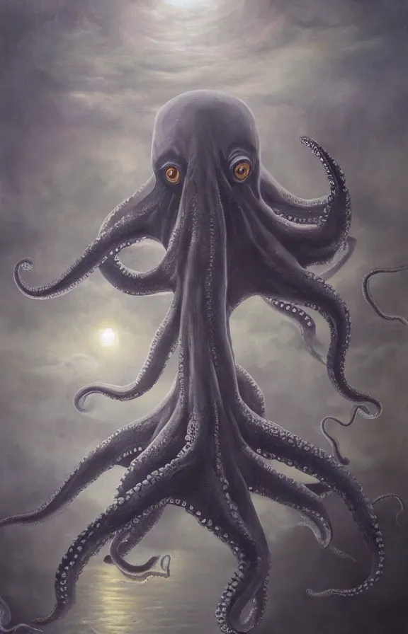 Prompt: a giant octopus monster moving through a foggy and dim city, extremely detailed!!! oil painting, dull palette