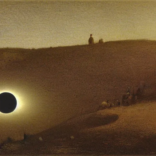 Prompt: dark solar eclipse, above a village, highly detailed, studio 4 k quality, by ramon casas