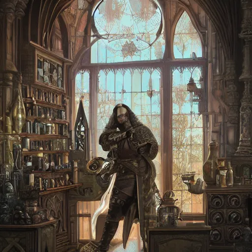 Prompt: full body artwork of Dennis hopper as a devious medieval lord standing on the right inside a big medieval Shop with tall windowpane, shelves full of medieval goods, morning light, trending on artstation, style of peter mohrbacher, unreal engine, octane render, intricate details, 8k high definition, beauriful, ornate, hyperrealistic