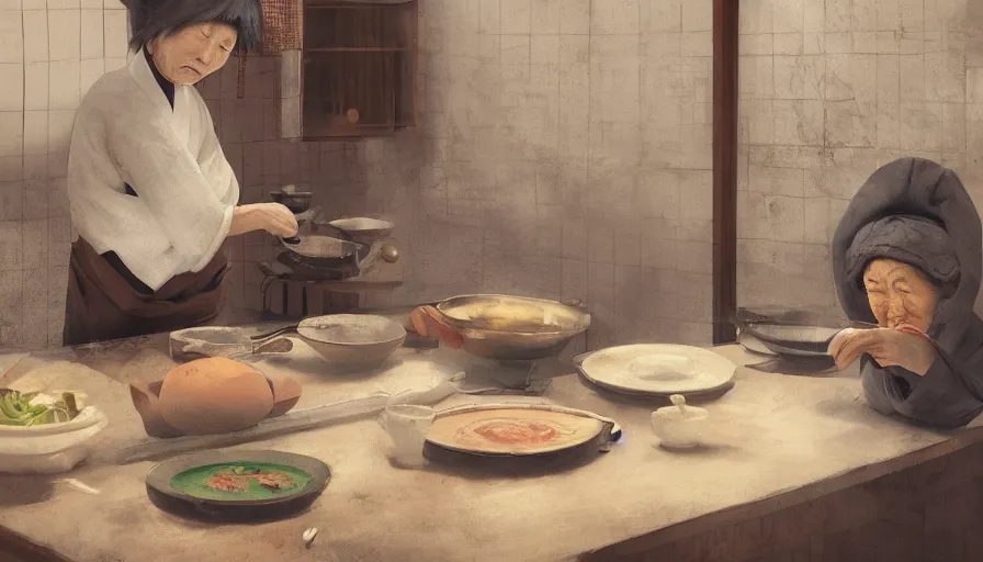 Image similar to old japanese lady cooking, old 1 9 0 0's kitchen, pan and plates, hyperdetailed, artstation, cgsociety, 8 k