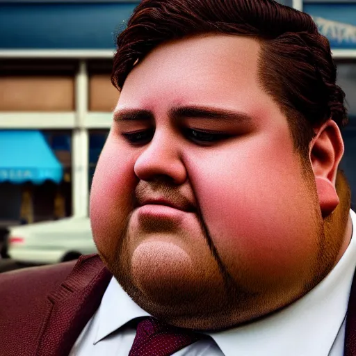 Image similar to Close up portrait of a chubby man wearing a brown suit and necktie with a bakery in the background. Photorealistic. Award winning. Dramatic lighting. Intricate details. UHD 8K. He looks about to cry.