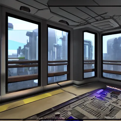 Image similar to system shock 2 inspired bachelor pad with city view