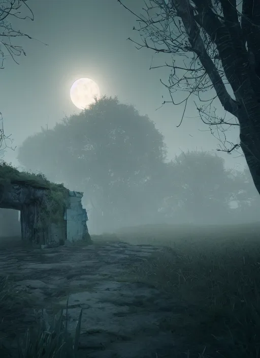 Image similar to dusky secret gateway on a spooky biome, foggs, full moon, behance, artstation, unreal render, unreal engine 5, octane, smooth, 8k