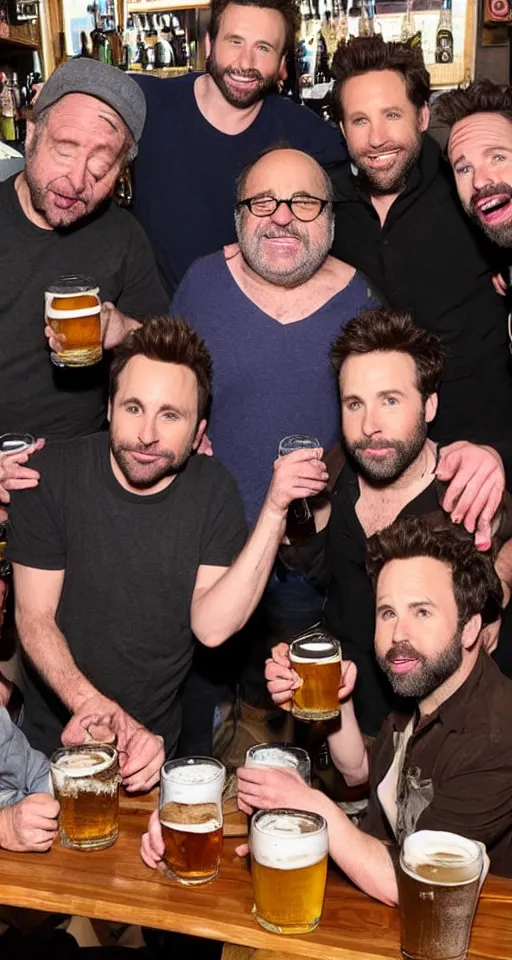 Image similar to charlie day, rob mcelhenney, glenn howerton, kaitlin olson, and danny devito are drinking beer together at a pub