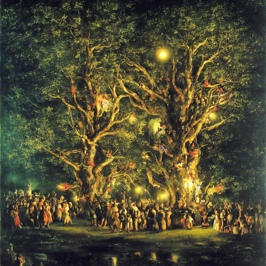 Image similar to a night carnival around a magical tree cavity, with a surreal orange moonlight and fireworks in the background, next to a lake with iridiscent water, christmas lights, folklore animals and people disguised as fantastic creatures in a magical forest by summer night, masterpiece painted by gustave courbet, mark keathley, greg rutkowski and annie leibowitz, dark night environment