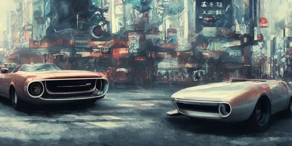 Image similar to retro car in a japanese city, 4 k, greg rutkowski, highly detailed, retrofuturistic, artstation