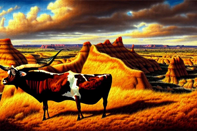 Image similar to a oil panting of a longhorn steer on a bluff in utah badlands, in the style of johfra bosschart, digital painting, extremely moody, highly detailed, sharp focus, illustration, key visual, unreal engine