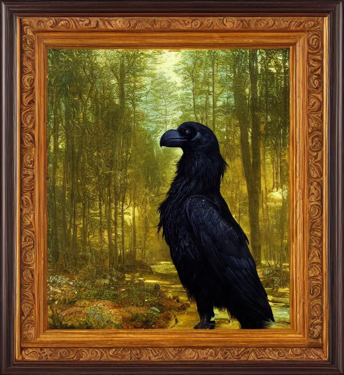 Prompt: a breathtakingly stunningly pre raphaelite beautifully highly detailed extreme close up animal portrait of a majestic raven, in an forest smokey water reflections, framed, by rosetti and devinci and michael cheval and sidney cooper and turner, 4 k