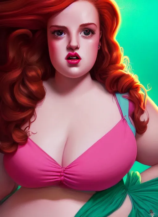 Image similar to full body portrait of teenage cheryl blossom, obese, bangs, green eyes, sultry, realistic, red hair, sultry smirk, wavy hair, pink skirt, fat, intricate, elegant, glowing lights, highly detailed, digital painting, artstation, concept art, smooth, sharp focus, illustration, art by wlop, mars ravelo and greg rutkowski