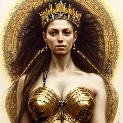 Image similar to highly detailed portrait of a majestic lioness queen in the form of a beautiful woman. d & d. art by donato giancola, franz xaver winterhalter, luis royo, bastien lecouffe - deharme. trending on artstation, intricate details, energetic composition, golden ratio, concept art, illustration, elegant art, global illuminaition