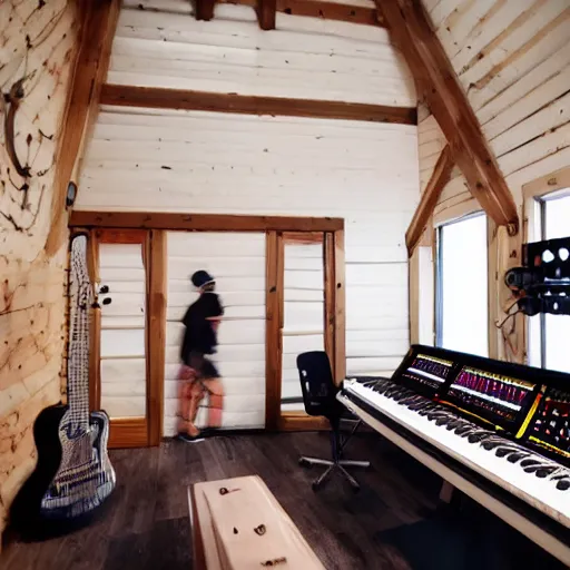 Prompt: super cool and cozy music studio at night cottagecore interior