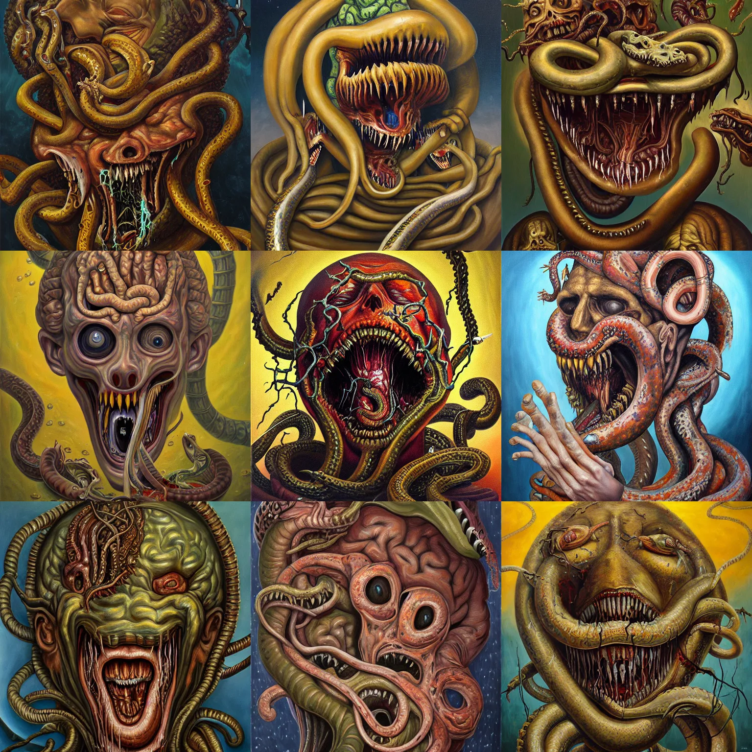 Prompt: an oil on canvas painting of a screaming decapitated man's partially decomposing face with many large biting serpents swarming out of his exposed brain, a surrealist painting, polycount, surrealism, surrealist, lovecraftian, cosmic horror, high detailed