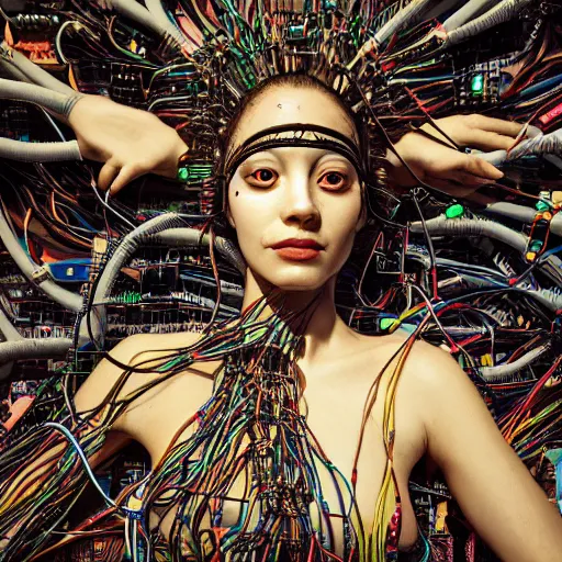 Image similar to swimming deeper into the multiverse, piles of modular synth cables mixed with mangrove roots, kawaii puerto rican goddess chilling out wearing a headpiece made of circuit boards, by cameron gray, wlop, stanley kubrick, masamune, hideki anno, jamie hewlett, unique perspective, trending on artstation, 3 d render, vivid