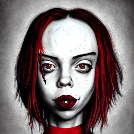Prompt: surrealism grunge cartoon portrait sketch of billie eilish with a wide smile and a red balloon by - michael karcz, loony toons style, pennywise theme, horror style, detailed, elegant, intricate