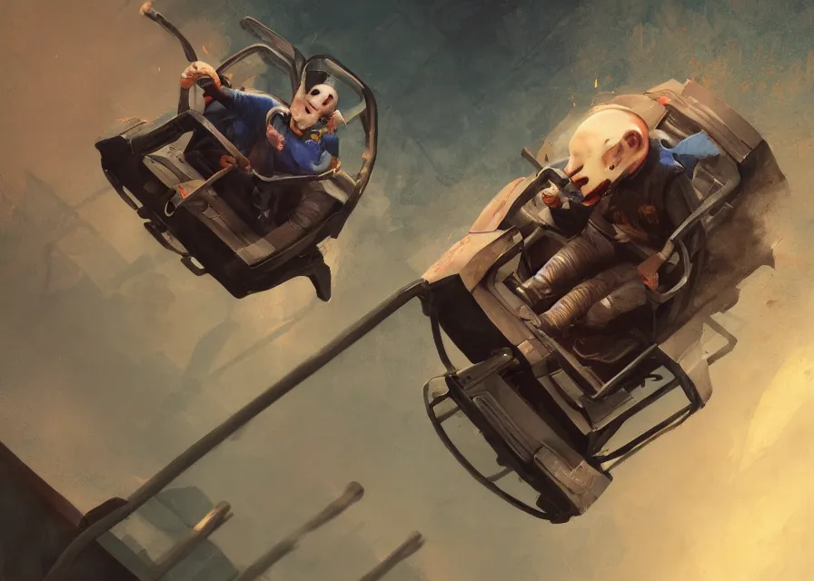 Image similar to painting of Michael Myers having fun in a roller coaster, sharp focus, wide shot, trending on ArtStation, masterpiece, by Greg Rutkowski, by Ross Tran, by Fenghua Zhong, octane, soft render, oil on canvas, colorful, cinematic, environmental concept art