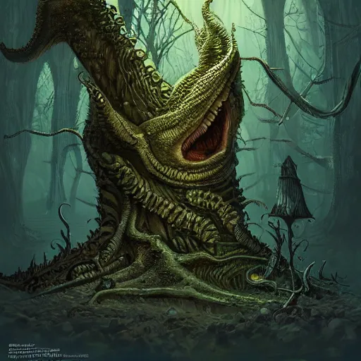 Prompt: lovecraftian 🌲🦎, concept art, extremely detailed, trending on artstation, creepy