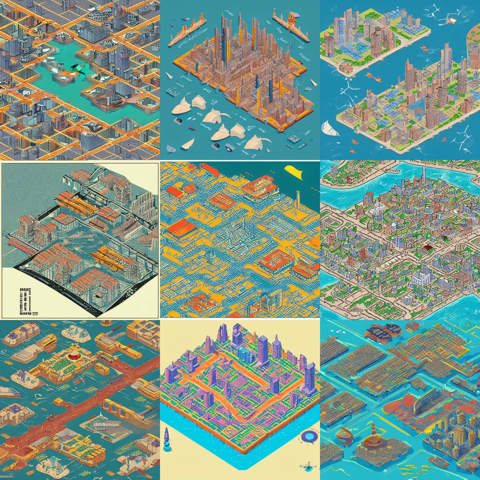 Prompt: a detailed isometric map of a futuristic dystopian city located in an island with a few flying ships sailing around it, in the style of egon schiele, full color