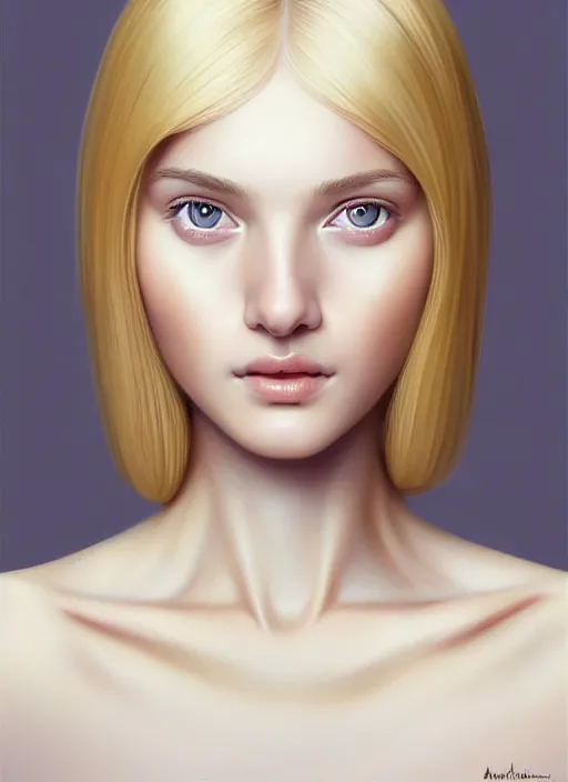 Image similar to beautiful symmetrical face, portrait of young woman blessed with ever - increasing physical and mental perfection, realism, blonde hair, coquettish perfect face!! intricate, elegant, highly detailed, vision of holy perfection!! smile, digital painting, artstation, concept art, smooth, sharp focus, illustration, art by artgerm and greg rutkowski and alphonse mucha