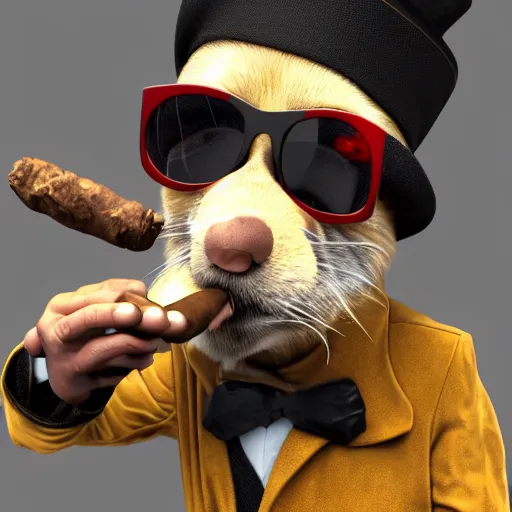 Prompt: anthropomorphic gangster rat smoking a huge cigar, wearing a chain, wearing sunglasses and a cap, long fur, anthropomorphic rat, detailed, blender, 3d render, 4k