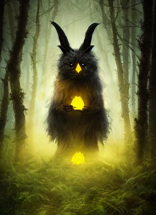 Image similar to a ominous furry creature with long twisted ears standing in a forest, yellow glowing eyes, dark fantasy, michael kutsche, concept art, beautiful lighting