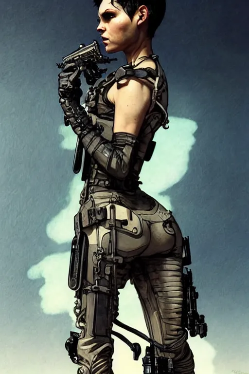 Image similar to gta furiosa as aeon flux profile picture by greg rutkowski, mad max, dynamic pose, intricate, futuristic, fantasy, elegant, by stanley artgerm lau, greg rutkowski, thomas kindkade, alphonse mucha, loish, norman rockwell, fantasy lut, asymmetric, long hair, retro computer graphics, video game, fluid lines,