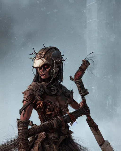 Image similar to hyper realistic photo of postapocalyptic mongolian demon girl with helmet, full body, cinematic, artstation, cgsociety, greg rutkowski, james gurney, mignola, craig mullins, brom