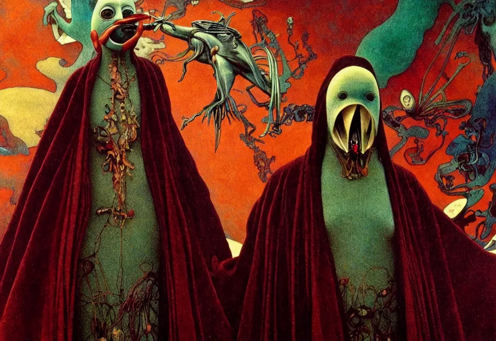 Image similar to realistic detailed portrait movie still of a birdman wearing dark robe, sci fi landscape background by denis villeneuve, amano, yves tanguy, alphonse mucha, ernst haeckel, max ernst, roger dean, masterpiece, rich moody colours, snarling dog teeth