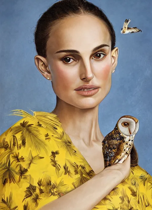 Prompt: Award winning head to shoulder portrait photograph of an elegant top model that looks like natalie portman wearing a yellow kimono with a very detailed barn owl on her shoulder!!! in a tropical greenhouse. looking at the camera!!. super resolution. Extremely detailed. art by Rineke Dijkstra.