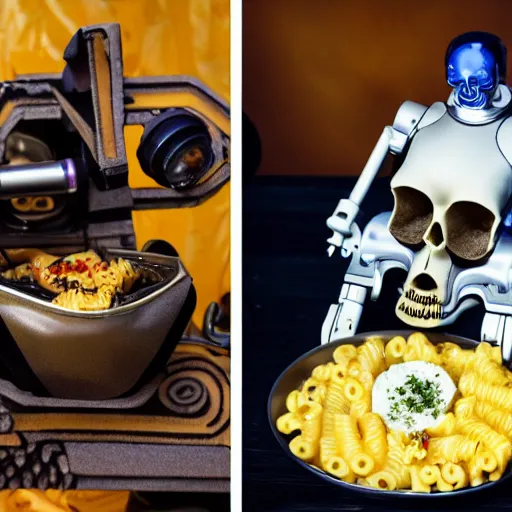 Image similar to sci-fi macaroni and cheese serviced out of a cyborg robot skull. photograph.