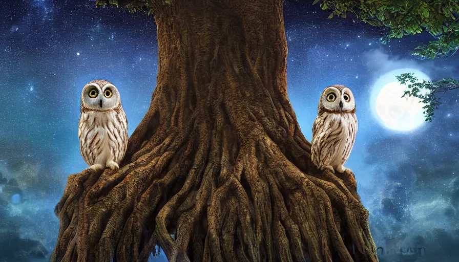 Prompt: very very small owl, sitting on a gigantic banyan tree in moonlit lakshadweep by ilya kuvshinov, starry night, rtx rendering, octane render 1 2 8 k, maya, extreme high intricate details by tom bagshaw, medium shot, close up shot, composition by sana takeda, lighting by greg rutkowski