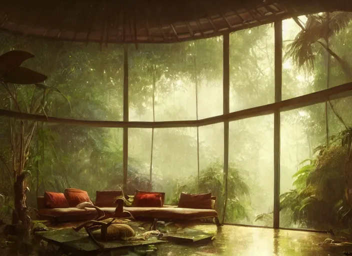 Image similar to a beautiful painting of the interior of a geodesic house in a moist tropical rainforest, living room, by greg rutkowski, realism, artstation, nature