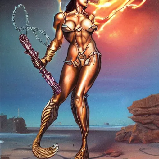 Image similar to mermaid cyborg with a laser whip, realistic, detailed, in the style of boris vallejo