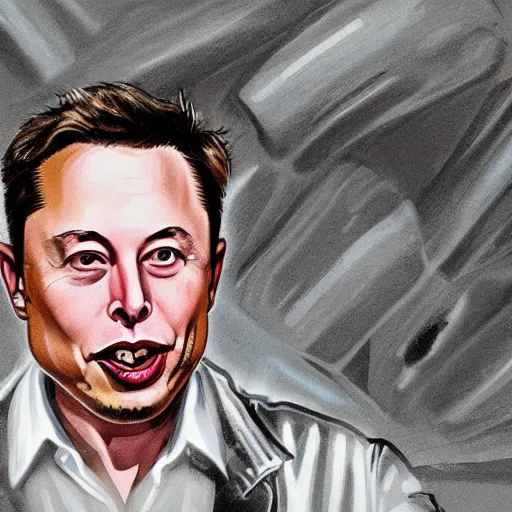 Prompt: Elon musk chewing on a battery in a dark cave and feeling sad, photorealistic