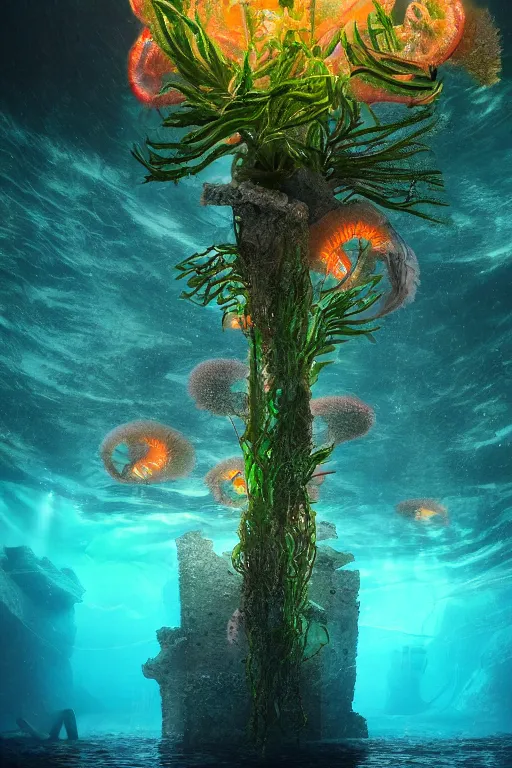 Prompt: high quality sharp photo of cinematic underwater dystopian byzantine city ruins with giant bioluminescent multicolor mutant plants and cyborg jellyfish, digital art masterpiece, aykut aydogdu eric zener, very dramatic volumetric light, long shot, ground angle uhd 8 k, deep focus