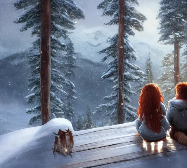 Image similar to a boy and a girl with long flowing auburn hair sitting together on the porch of a cabin on a mountain overlooking a snowy forest. Atmospheric lighting, long shot, romantic, boy and girl are the focus, cold lighting, snowy. details, sharp focus, illustration, by Jordan Grimmer and greg rutkowski, Trending artstation, pixiv, digital art