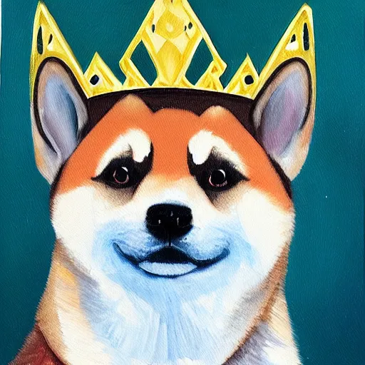 Image similar to high quality oil painting, portrait of a shiba inu dog wearing a royal crown