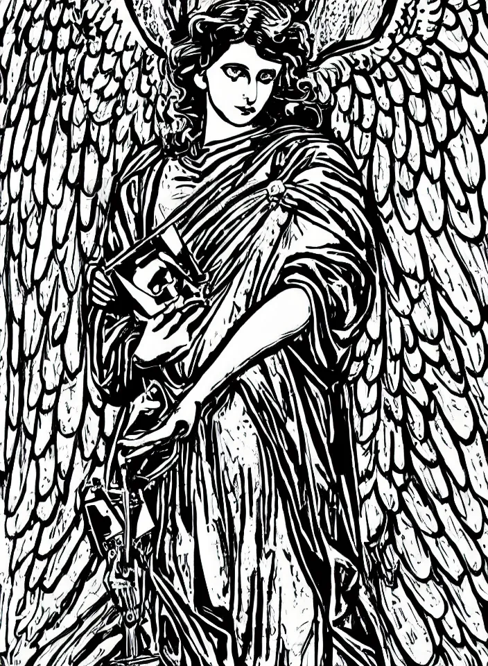 Image similar to detailed high contrast with bold lines angel holding a television, art nouveau, symbolist, visionary, gothic, horizontal symmetry